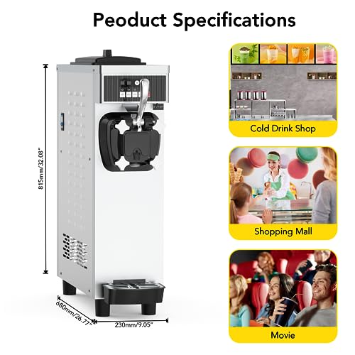 Commercial Ice Cream Maker Machine, 1200W 4.7-5.8Gal/H Auto Clean Single Flavor Soft Serve Ice Cream Machine with 7L Hoppers Countertop Ice Cream Machine for Home Bars and Restaurants