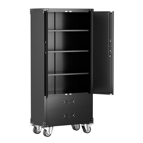 73" H Metal Storage Cabinet with Wheels, Garage Storage Cabinet with 4 Adjustable Shelves and Lockable Doors for Garage Home Office Utility Room,Required Assembly,Black