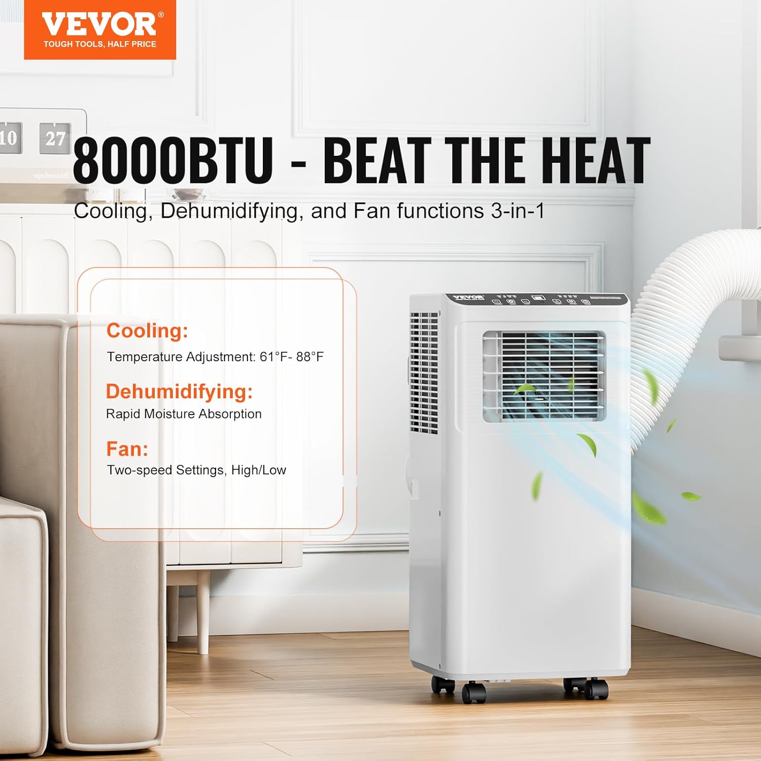 VEVOR 8,000 BTU Portable Air Conditioners - Cool to 350 Sq.Ft with Remote Control, 3-in-1 Portable AC Unit with Dehumidifier, Fan Modes for Bedroom, Office with Timer and Installation Kits, White