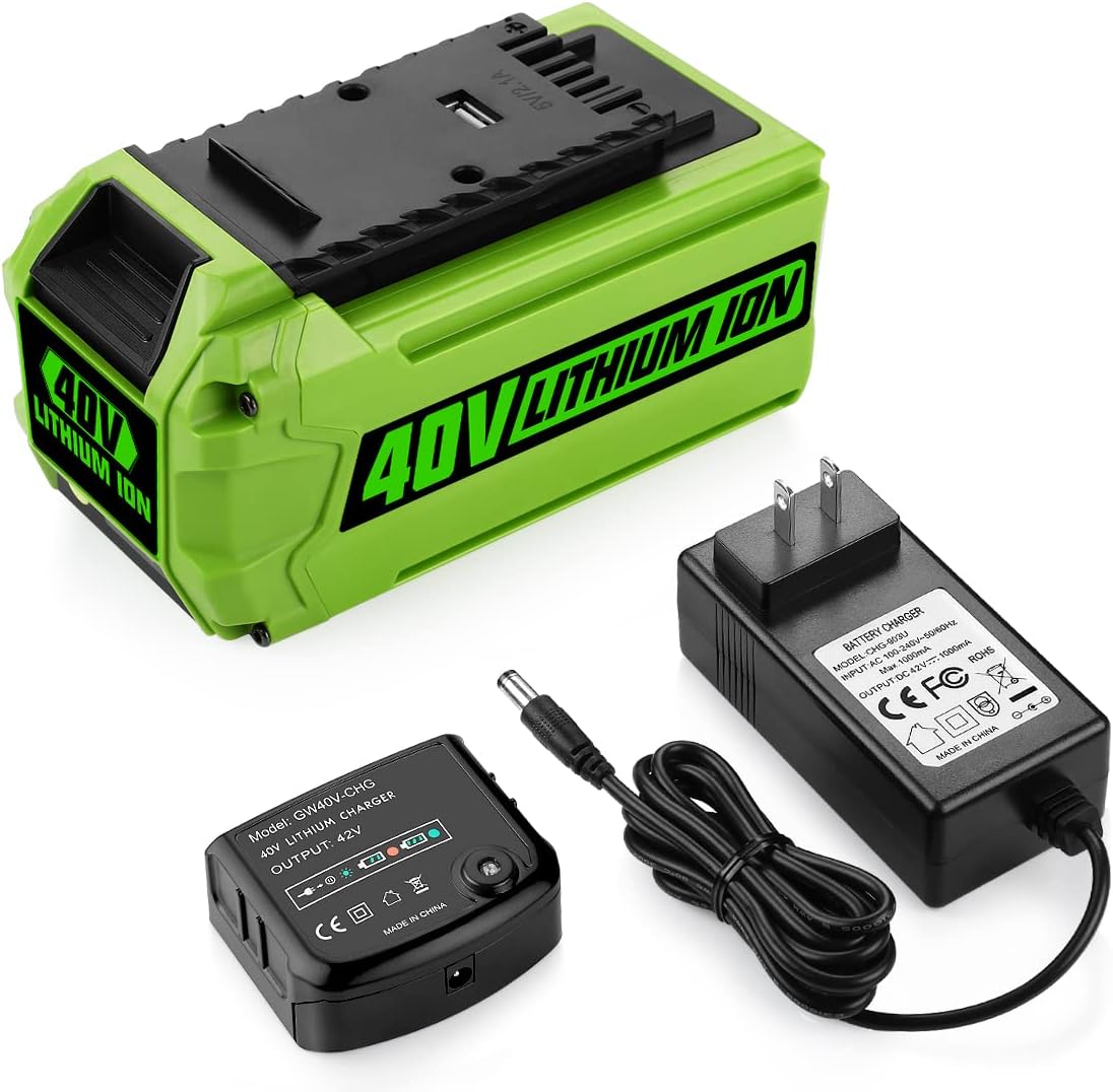 Energup 40V Replacement for Greenworks 40V Lithium Ion Battery 29472 29462 for GreenWorks 40Volt G-MAX Power Tools 29252 20202 22262 with a Greenworks 40V Battery Charger Pack of 2