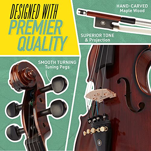 Mendini By Cecilio Violin - MV500+92D - Size 4/4 (Full Size), Black Solid Wood - Flamed, 1-Piece Violins w/Case, Tuner, Shoulder Rest, Bow, Rosin, Bridge & Strings - Adult, Kids
