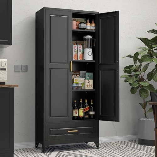 71" Tall Metal Storage Cabinet, Kitchen Pantry Storage Cabinets with Doors and 4 Shelves, White Pantry Cabinet, Utility Kitchen Cupboard, Large Steel Cabinets for Dining Room, Office, Living Room