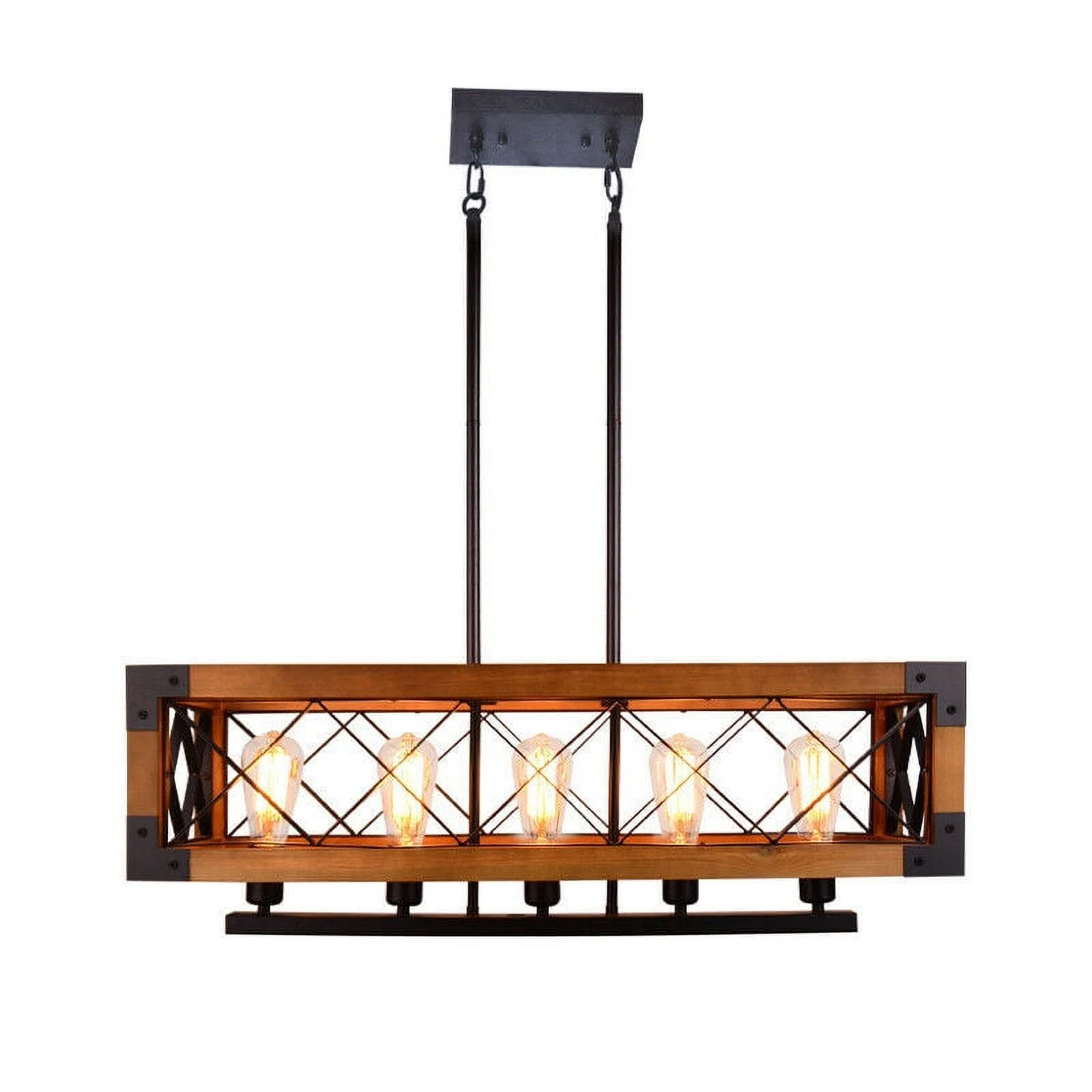 ZhdnBhnos 5-Lights Retro Farmhouse Chandelier Kitchen Island Pendant Light Fixture Wooden Rectangle Hanging Ceiling Lamp