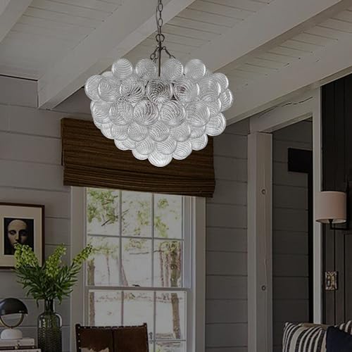 Longree Bubble Glass Globe Chandelier Swirled Ribbed Clear Blown Glass Ball Chandeliers Art Cluster Pendant Lights Dining Table Lighting Fixture for Living Room Bathroom Kitchen Entryway Foyer Bedroom