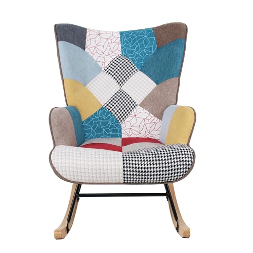 Patchwork Rocking Chair Accent Armchair Single Sofa Chair with Footstool and Pillow Fabric Upholstered High Back Armchairs Lounge Chair for Living Room Reading Bedroom 35''Lx 26''Wx37.8''H Colorful