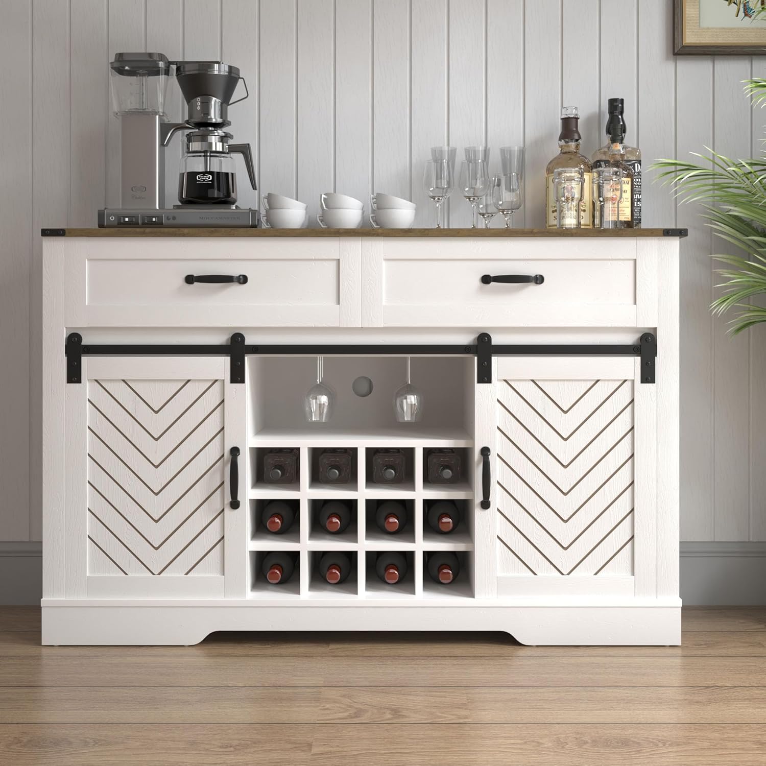 Farmhouse Storage Sideboard Buffet Coffee Bar Cabinet with Sliding Barn Door, 3 Drawers, Wine and Glass Rack - White & Oak