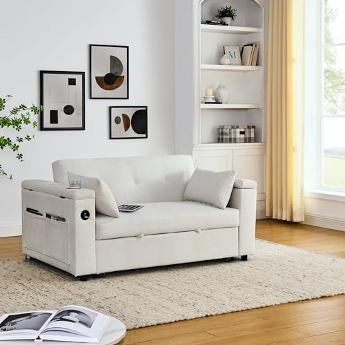 3 in 1 Convertible Sofa Bed 54" Pull Out Couch Bed Chenille 2-Seater Sleeper Sofa Bed with USB Power Outlet,Pillow and Side Pockets, Adjustable Backrest for Apartments, Office, Living Room (White)