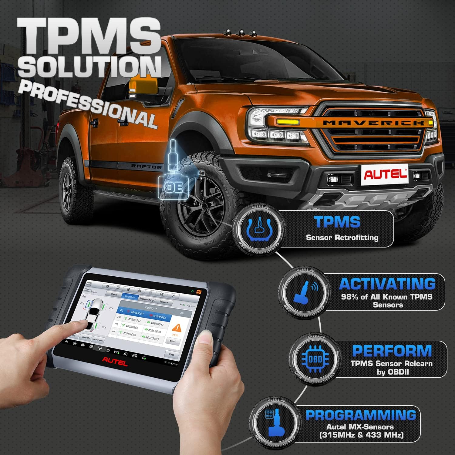 Autel Scanner MaxiPRO MP808TS Pro, [Valued $128] 4PCS 2in1 315/ 433Mhz Sensors, 2022 Newer Model of MP808TS/ MP808, Bi-Directional Diagnostic Scan Tool, TPMS Program/ Relearn/ Retrofit, 30+ Services