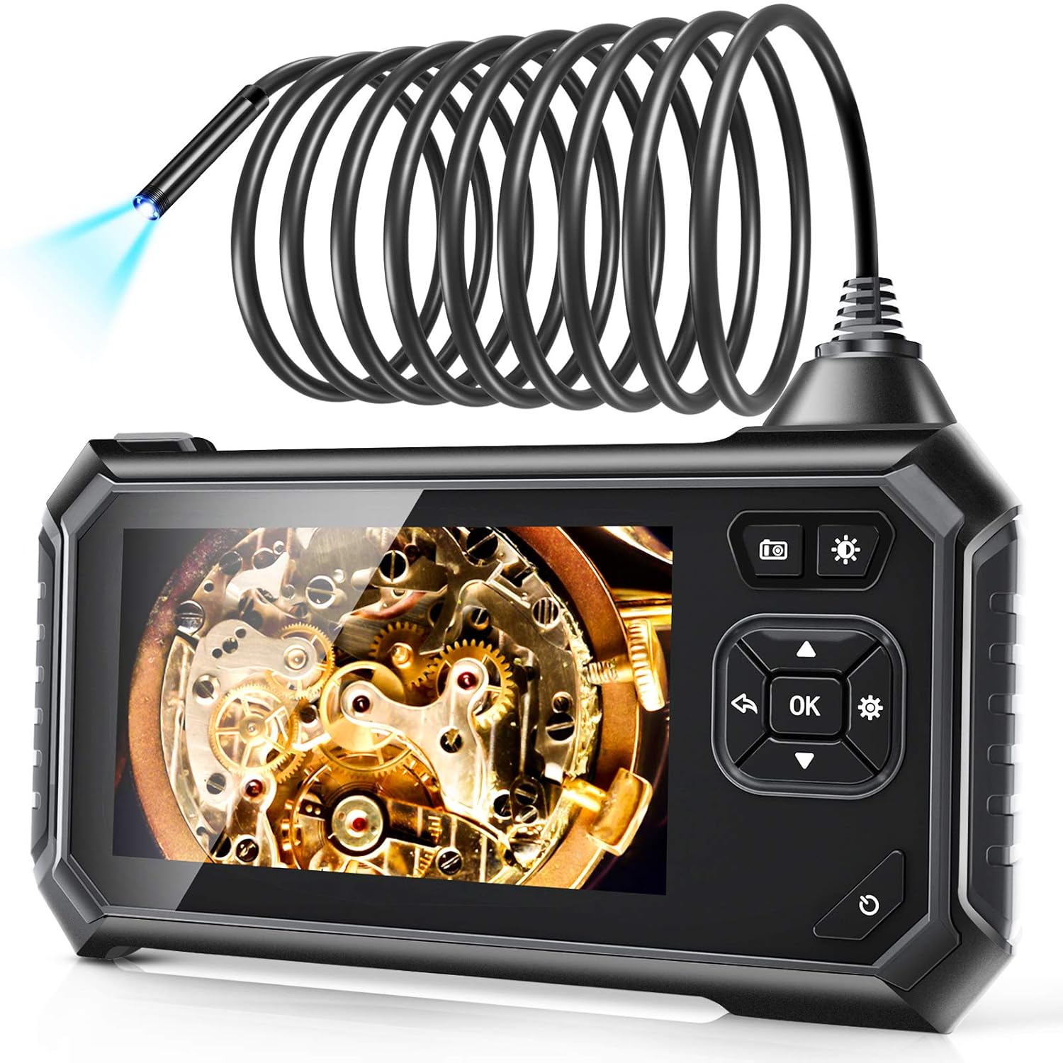 Borescope Inspection Camera,Industrial Endoscope Camera HD 5.5mm 1080P 4.3 LCD Screen w/ IP67 Waterproof Snake Camera 6 LED Lights, Sewer Camera with Semi-Rigid Cable, Emergency Light (Orange)