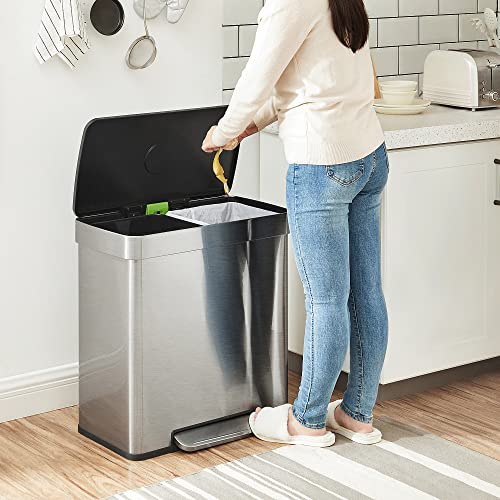 SONGMICS Kitchen Trash Can, 16 Gallons (2 x 8 Gallons) Dual Compartment Garbage Can, 60L Pedal Recycling Bin, Stay-Open Lid and Soft Closure, Stainless Steel, 15 Bags Included, Silver ULTB202E01