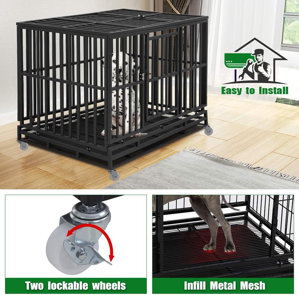 BestPet Heavy Duty Dog Crate Indestructible Dog Cage Dog Kennel for Large Medium Dogs 48 Inches Pet Playpen for Training Indoor Outdoor with Plastic Tray Double Doors & Locks Design,Black