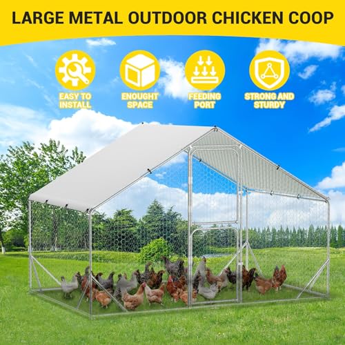 Large Metal Chicken Coop, Walk-in Poultry Cage, Chicken Run Pen House with Reinforcement & Waterproof & Anti-Ultraviolet Cover Chicken Coop Run with Lockable Doors for Outdoor 9.8 x 13.1 x 6.6ft