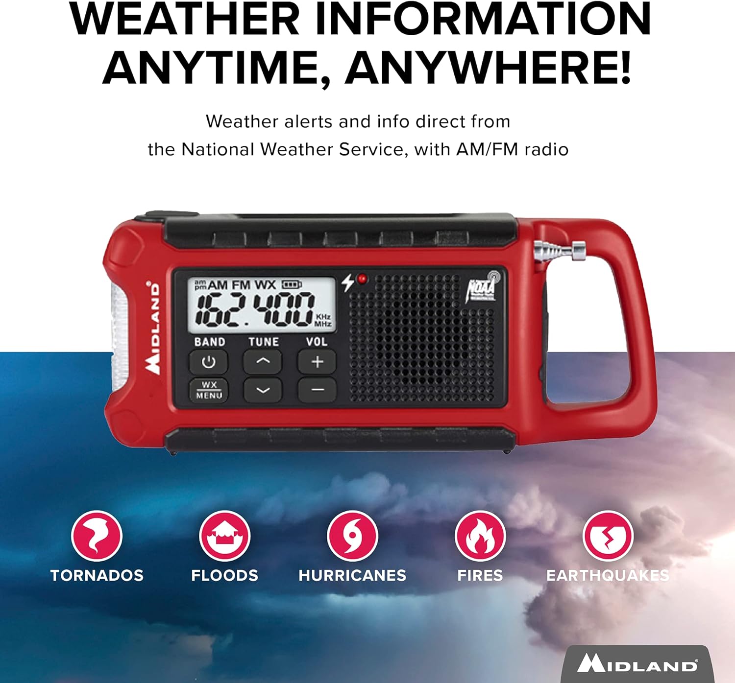 Midland - ER310, Emergency Crank Weather AM/FM Radio - Multiple Power Sources, SOS Emergency Flashlight, Ultrasonic Dog Whistle, & NOAA Weather Scan + Alert (Red/Black)