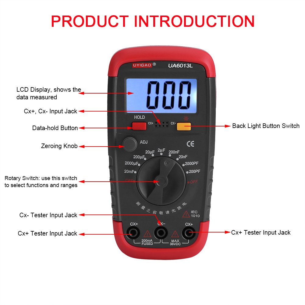 Digital Capacitance Meter, Capacitor Pro Tester 0.1pF - 20000uF with LCD Backlight Max 1999 Display