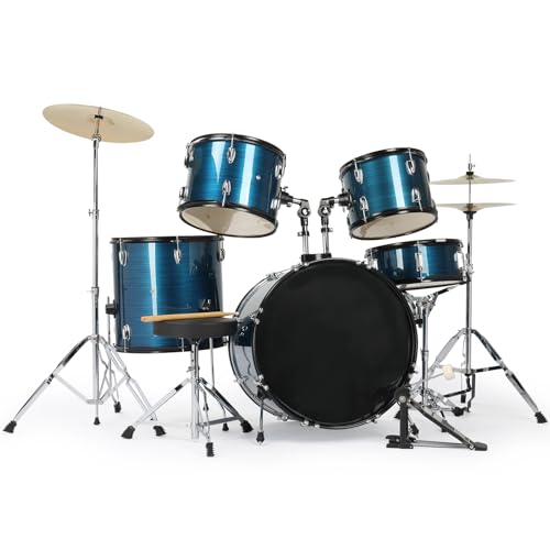 Ktaxon 22 Inch Adult Drum Set, 5-Piece Full-Size Drums Kit with Cymbal Stands, Hi-hat Stand, Sticks, Drum Pedal, Stool & Floor Tom for Beginner Teens Student (Blue)