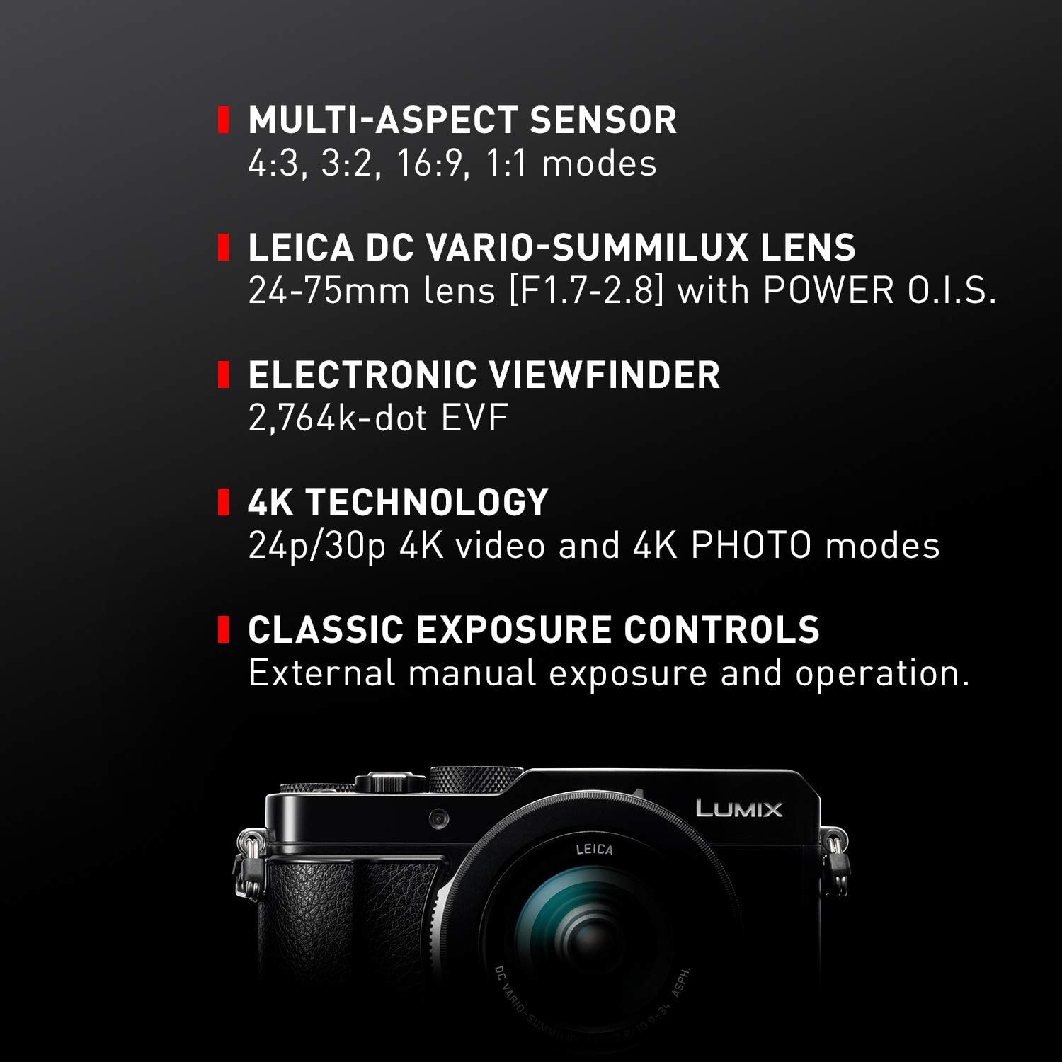 Panasonic Lumix LX100 II Large Four Thirds 21.7 MP Multi Aspect Sensor 24-75mm Leica DC VARIO-SUMMILUX F1.7-2.8 Lens Wi-Fi and Bluetooth Camera with 3 LCD, Black (DC-LX100M2)