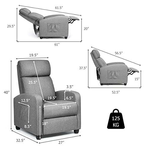 LDAILY Massage Recliner Sofa, Reading Chair Winback for Living Room, Single Sofa with Side Pocket, Home Theater Seating Massage Reclining Chair, Linen Padded Seat Backrest (Gray)