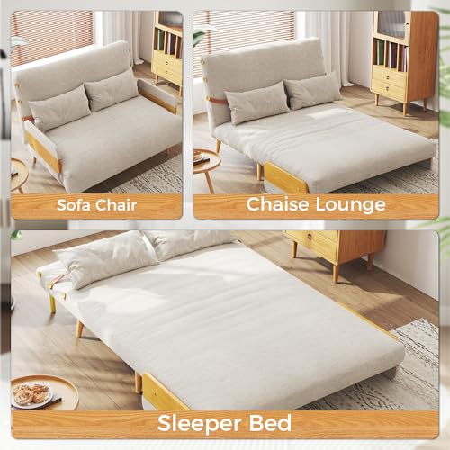 3-in-1 Convertible Chair Bed Sleeper for Adults, Linen Convertable Sleeper Chair with Wooden Arms & Pillows, Foldable Single Futon Sofa Bed (Mid Century with Walnut Arm, 36.6" Wide)