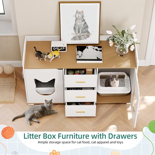YITAHOME Cat Litter Box Enclosure with Double Room for 2 Cats, Storage Cabinet Design Large Hidden Litter Box Furniture with Drawers, Wooden Cat Washroom Furniture, White, 55" L x 19.7" W x 31.5" H