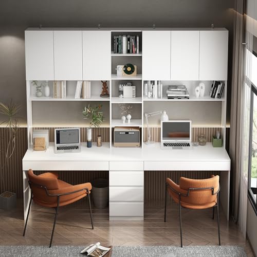 Homsee Modern 2-in-1 Computer Desk for 2 Person with Tall Bookshelf, 94.5" L Office Desk Writing Study Table with 6 Drawers, 15 Shelves & 6 Doors for Home Office, White