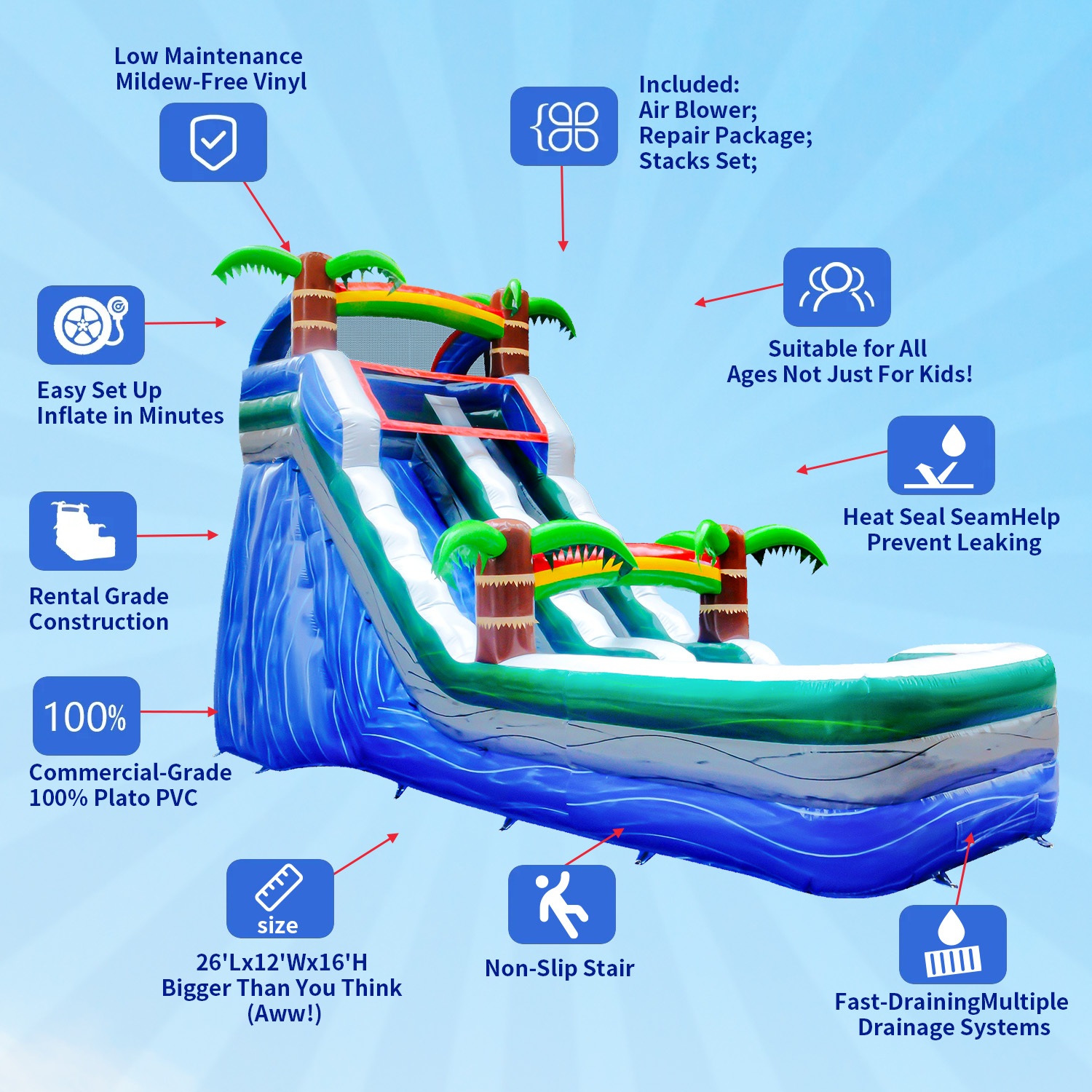 GOOSH 16 ft Palm Tree Inflatable Water Slide with Air Blower, Kids Blow Up Water Slide, Outdoor Commercial Water Slide-Climbing Wall, Slides & Splash Pool