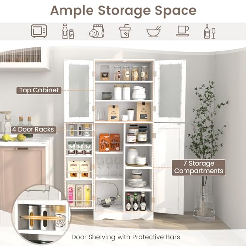 LOKO 63.5" Tall Kitchen Pantry Storage Cabinet, Utility Food Buffet Cabinet with Glass Doors, Storage Shelves, Door Racks, Freestanding Cupboard for Dining Room, Living Room (White)