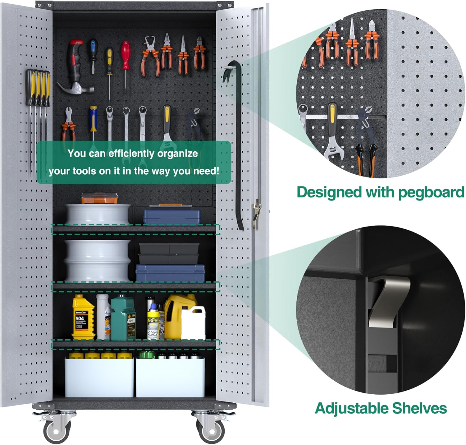 Metal Storage Cabinet with Pegboard and Wheels, Metal Utility Cabinets for Garage, Kitchen, Office Basement, Assembly Required