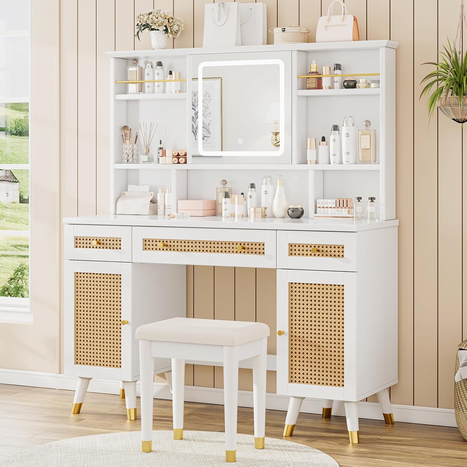 AMERLIFE 47in Rattan Makeup Vanity Desk with Mirror and Lights, Modern Big Vanity Table with Drawers & Shelves, Boho Vanity Set with Rattan Door Cabinets for Women, Bedroom, Stool Included, White