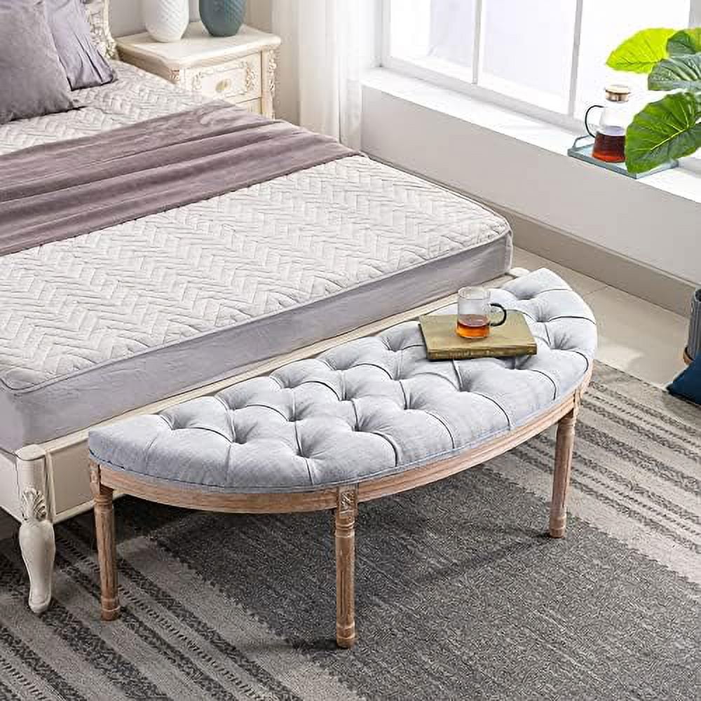 55" Halfmoon Entryway Bench Tufted Semi Circle Ottoman Bench Seat French Style Upholstered Bed End Bench for Foyer Mudroom Bedroom  Beige