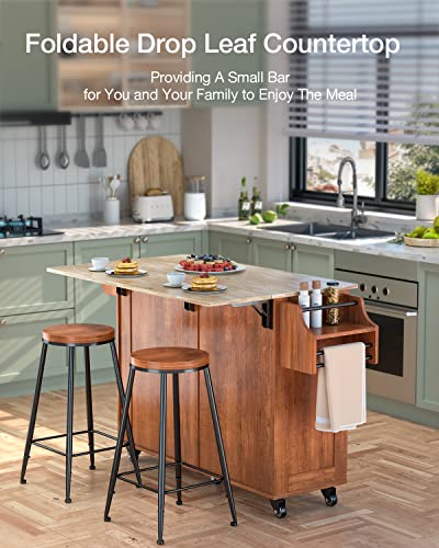 Kitchen Island with Drop Leaf and Storage, on Wheels Two Drawers, Large Storage Cabinet, Towel Rack Spice Cart Brown