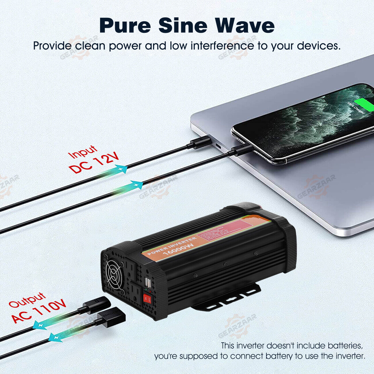 16000W(Peak) Car Power Inverter DC 12V to AC 110/120V Pure Sine Wave Converter