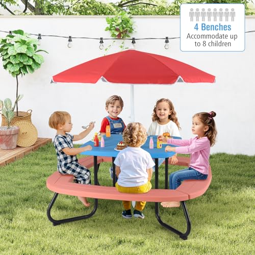 KOTEK 8-Person Kids Picnic Table, Toddler Activity Table with Removable Umbrella, 4 Built-in Benches, HDPE Top & Metal Frame, Kids Outdoor Table for Patio Garden Backyard (Blue+Red)