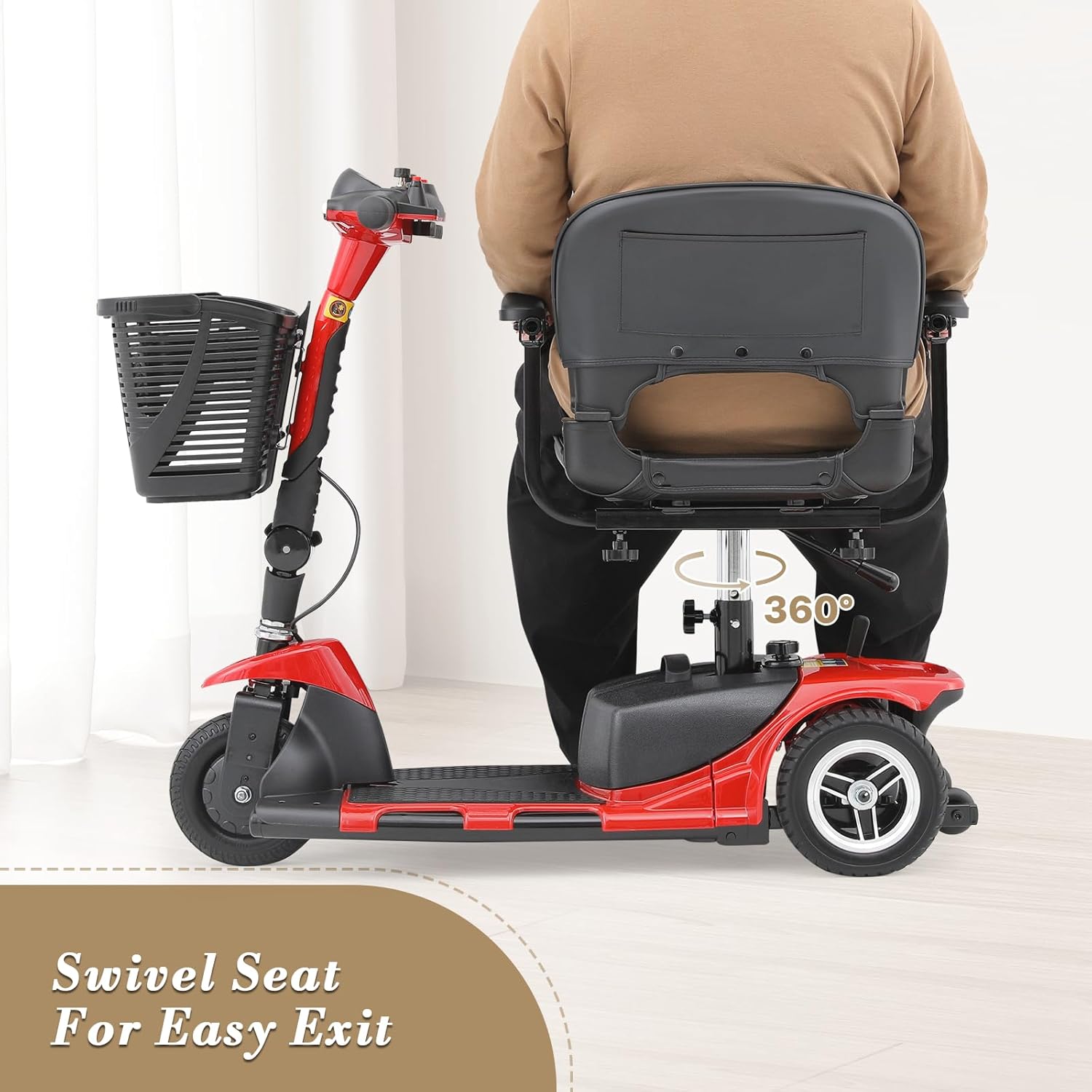 Athena Collection 3 Wheel Mobility Scooter Electric Wheelchair Scooter with Seat for Adults Seniors, Foldable Power Motorized Scooter Long Range Battery with Charger Headlights Basket, Red