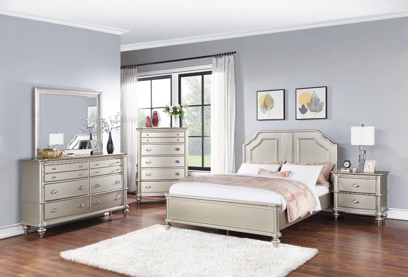Classic Elegant 4pc Bedroom Set Satin Finished Silver Eastern King Size Bed Dresser Mirror Nightstand Furniture