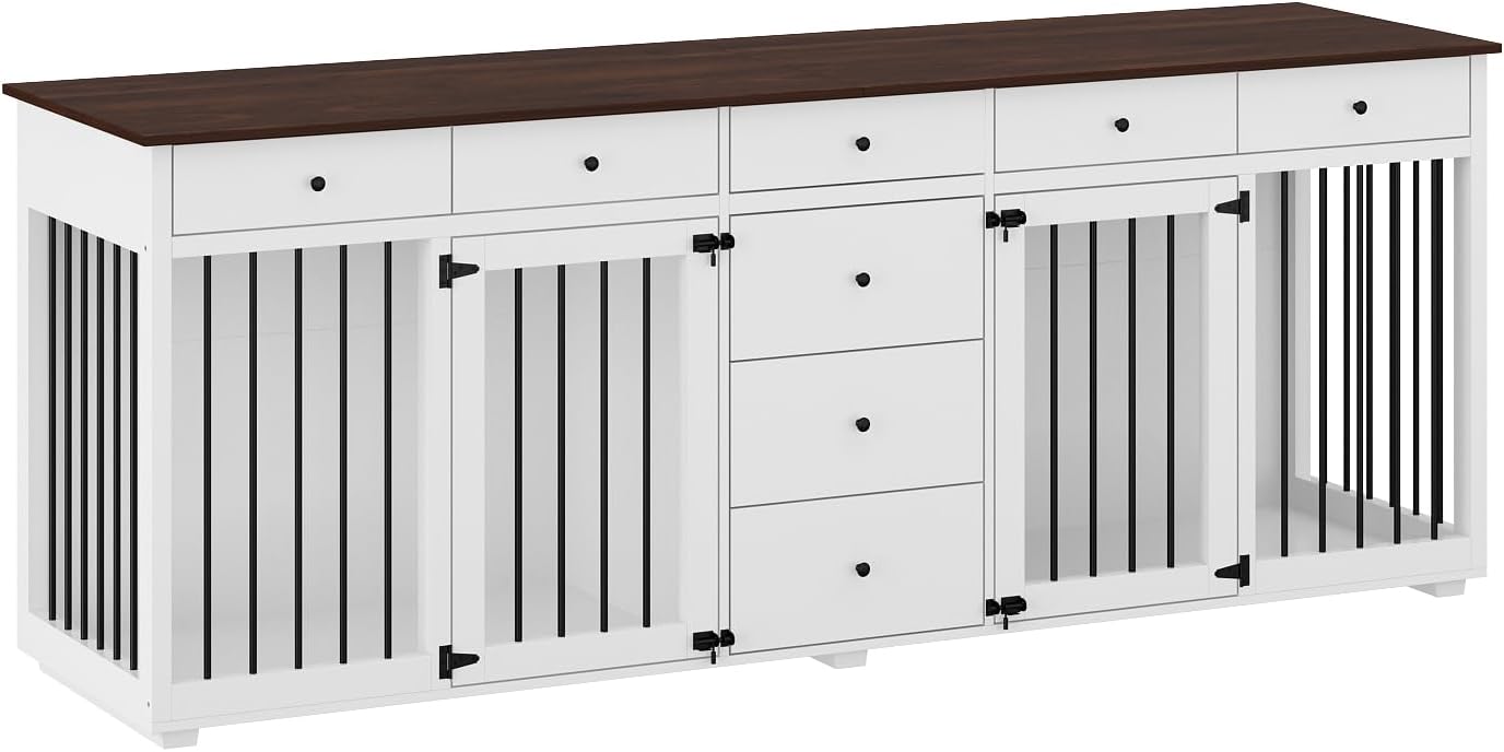 Lovinouse Large Dog Crate Furniture for 2 Dogs, 89" Heavy Duty Wooden Dog Kennel with 8 Drawers, Indoor Furniture Style Dog Kennel with Double Rooms for Large Medium Dogs, White