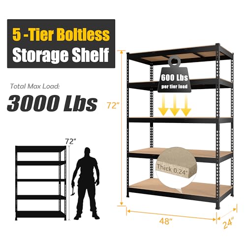 PrimeZone 2 Pack Storage Shelves 48" x 24" x 72" - 5 Tier Heavy Duty Adjustable Garage Storage Shelving, Metal Storage Utility Rack Shelf Unit for Warehouse Pantry Closet Kitchen, Black