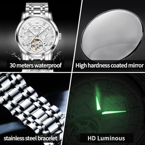 OLEVS Automatic Watches for Men Self Winding Mechanical Skeleton Luxury Dress Stainless Steel Diamond Men Wrist Watches