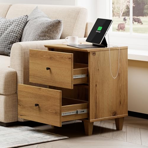 WAMPAT TV Stand with 6 Drawers for 55 Inches TVs & 1 End Table with 2 Drawers and Charging Station for Bedroom, 2 Pieces Modern Wood Living Room Funiture Table Sets, Oak Brown