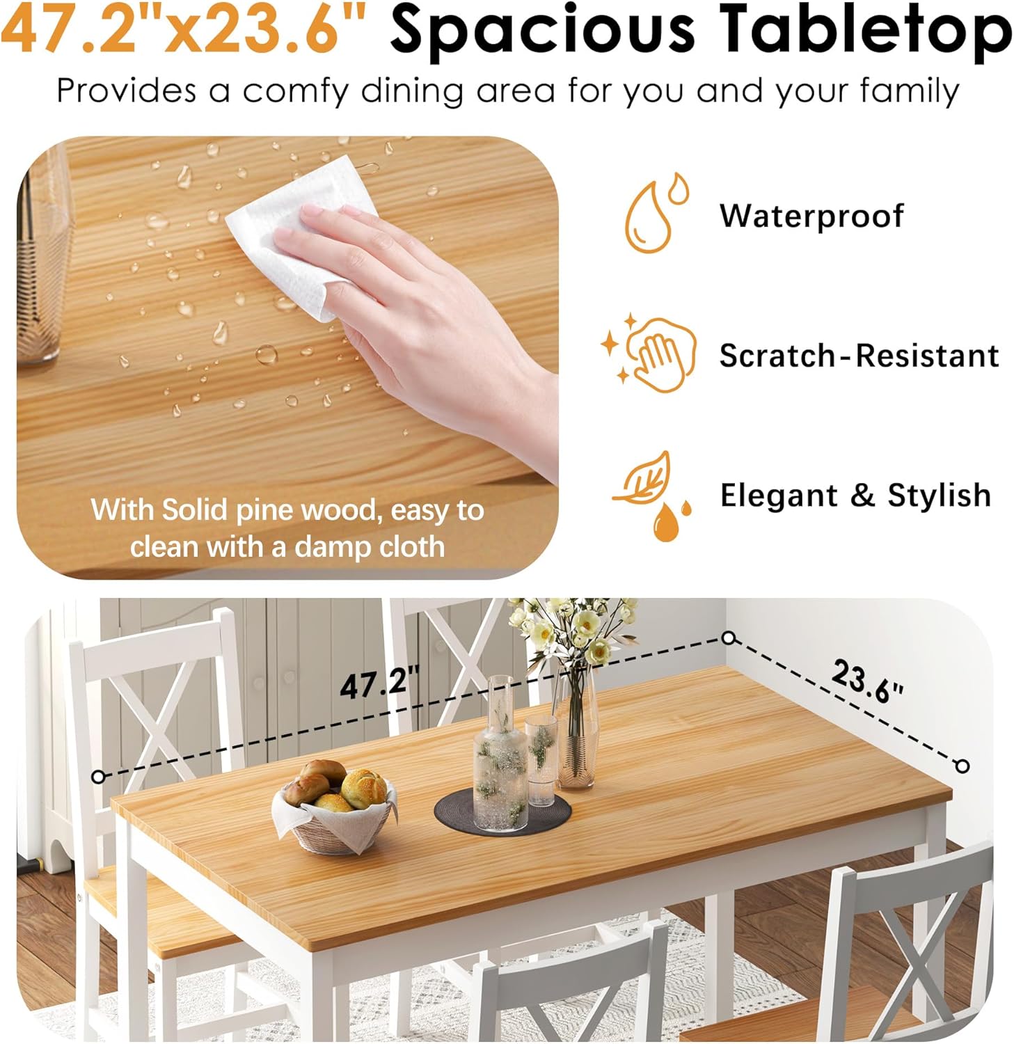 sogesfurniture 47.2" 4-Person Dining Table Set, 5 Pieces Pine Wood Kitchen Table with 4 Chairs,Indoor Modern Rectangular Dining Table Furniture Set for Kitchen, Dining Room, Dinette, Breakfast Nook