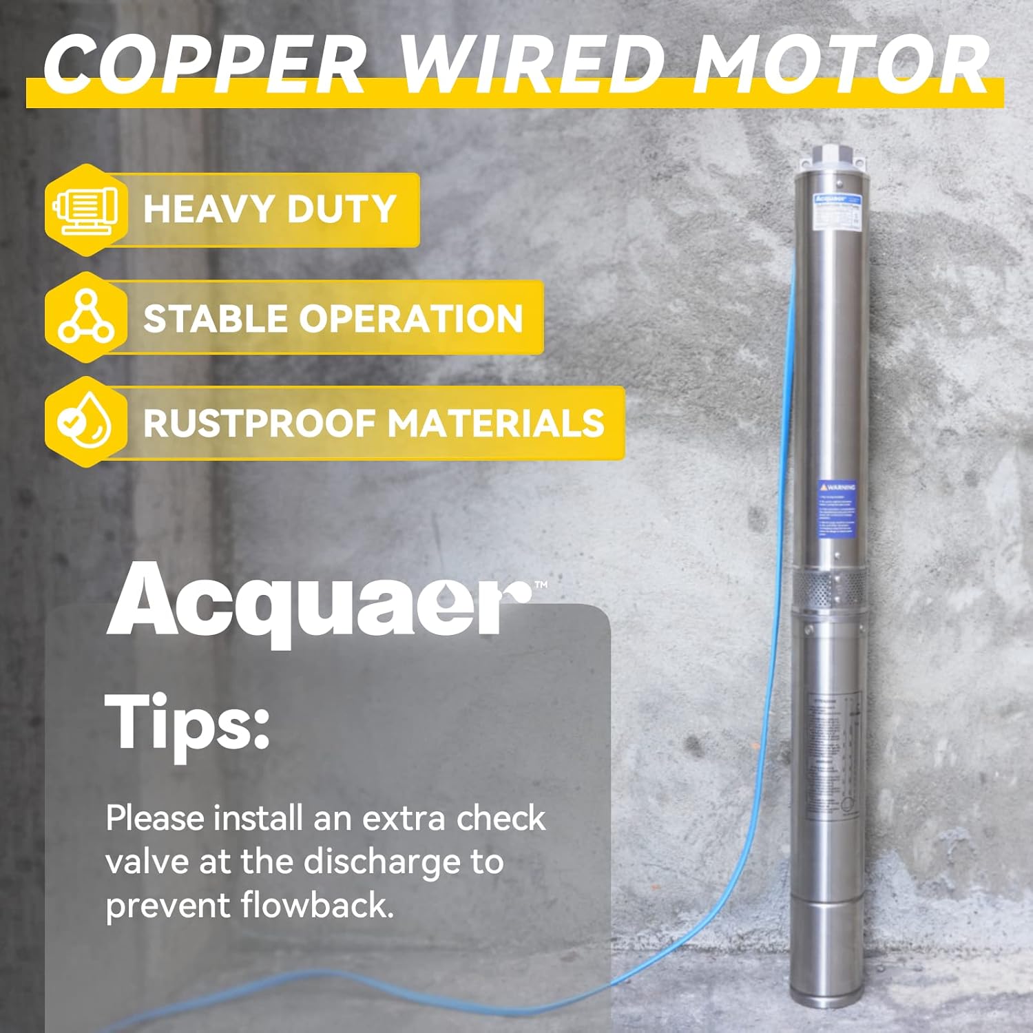 Acquaer 2 HP 220V Deep Well Submersible Pump, 37 GPM, 380' Head, Stainless Steel, 4'' Deep Well Water Pump for Irrigation, Home, Industrial, 10ft Copper Power Cord