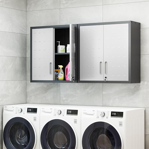 Garage Storage Cabinet Wall Cabinet with 2 Doors,Lockable Tool Cabinets Wall Mounted with Adjustale Shelves,Heavy Duty Steel Hanging Cabinets for Warehouse Kitchen Laundry,Assembly Required