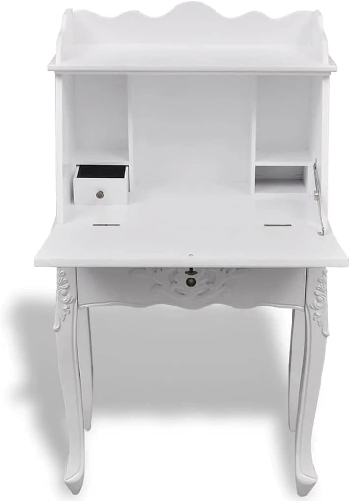 vidaXL Wooden Secretary Desk Vintage Storage French Style White Carved Writing