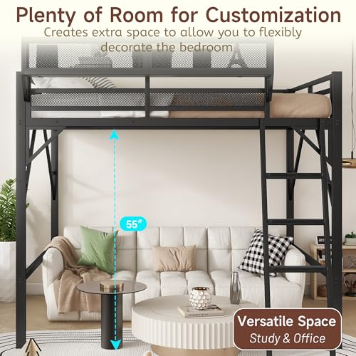 Full Size Loft Bed with Stairs and Storage, Metal Loft Bed Frame with Bedside Shelf and Large Under-Bed Space, Heavy-Duty Bed for Adults Teens and Kids, Black