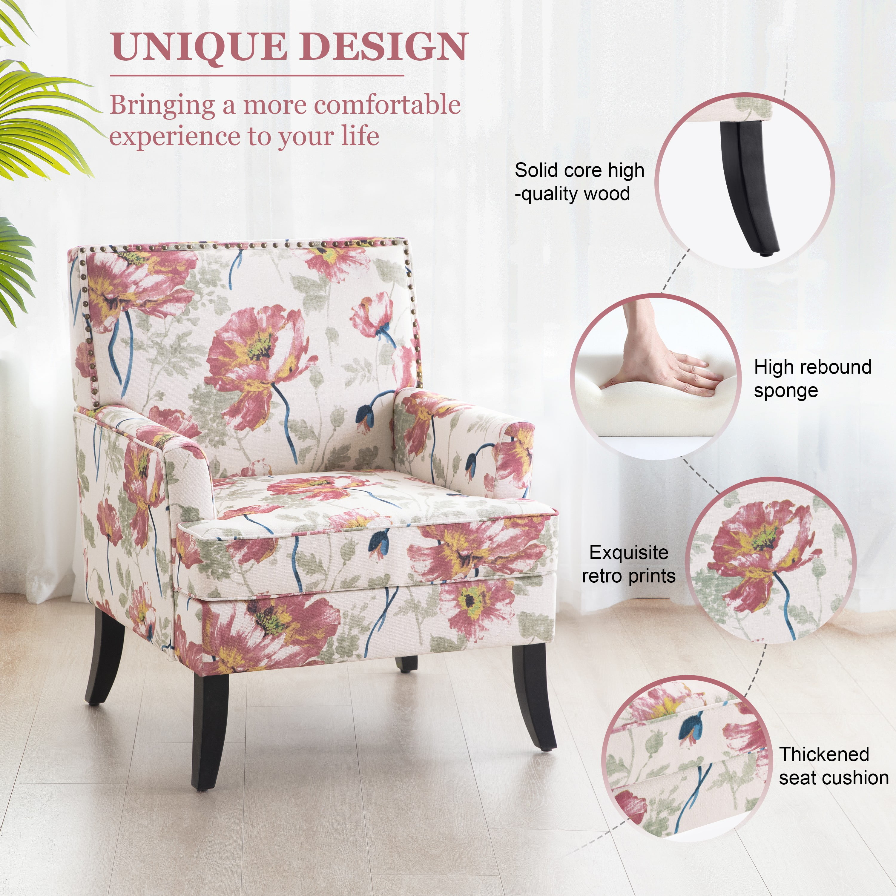 HUIMO Living Room Chair Set of 2, Upholstered Printed Accent Chair with Wooden Legs, Club Armchair with Rivets Holds 300 lbs, Comfy Reading Sofa Chair for Bedroom, Study (Red Floral)