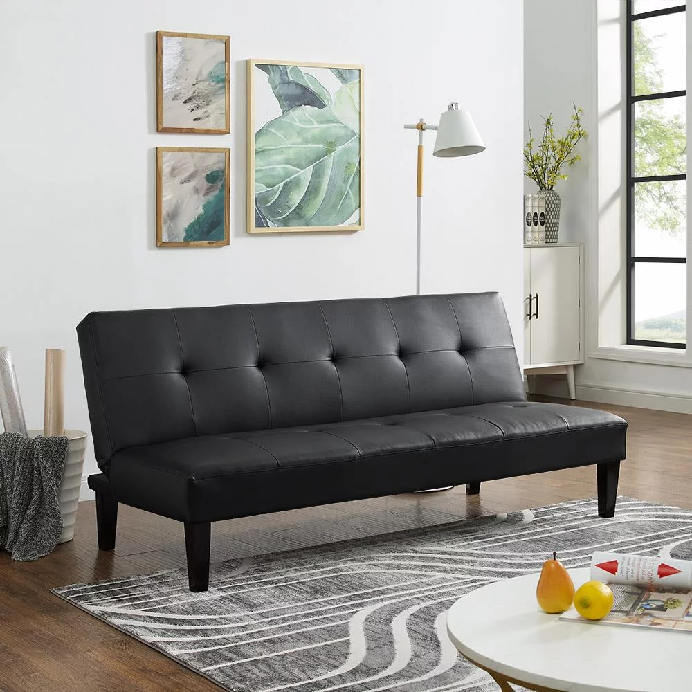 Modern Tufted Convertible Futon Sofa Bed, Folding Sofa Couch with Wooden Legs, Reclining Small Couch, Durable and Sturdy Futon Sofa, Faux Leather, Black