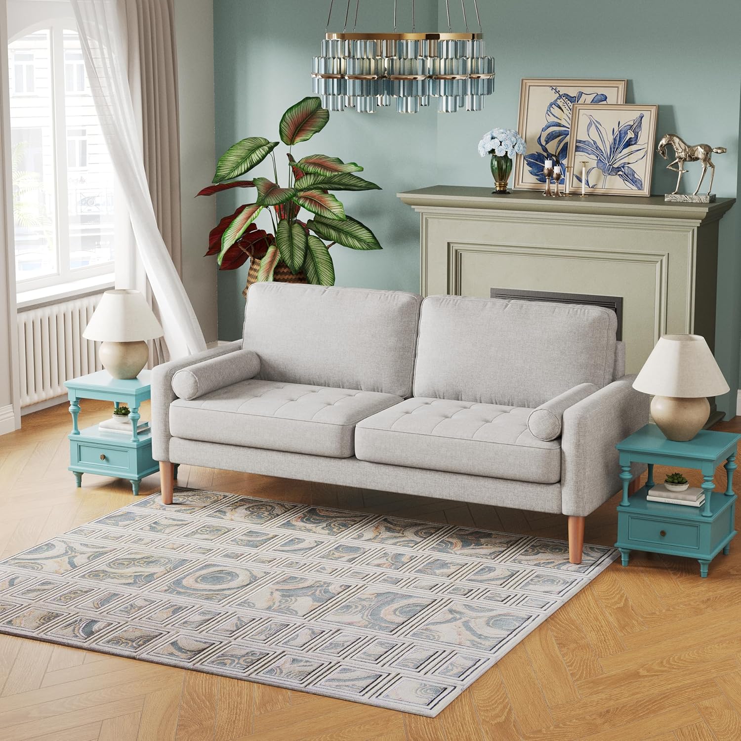 Modern Upholstered Linen Comfy Loveseat: 68" Mid Century 2 Seater Couch - Button Tufted Seat Cushion Sofa with 2 Bolster Pillows - Small Couches for Living Room Apartment Office Bedroom (Beige)