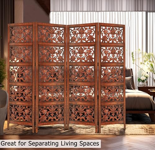 Room Divider Wood Screen - Ghanti Bells Antique Brown - 4 Panel Folding 72 x 80 - Assembled Hand Carved Decorative Functional Versatile Portable Partition Reversible Privacy Boho - COTTON CRAFT