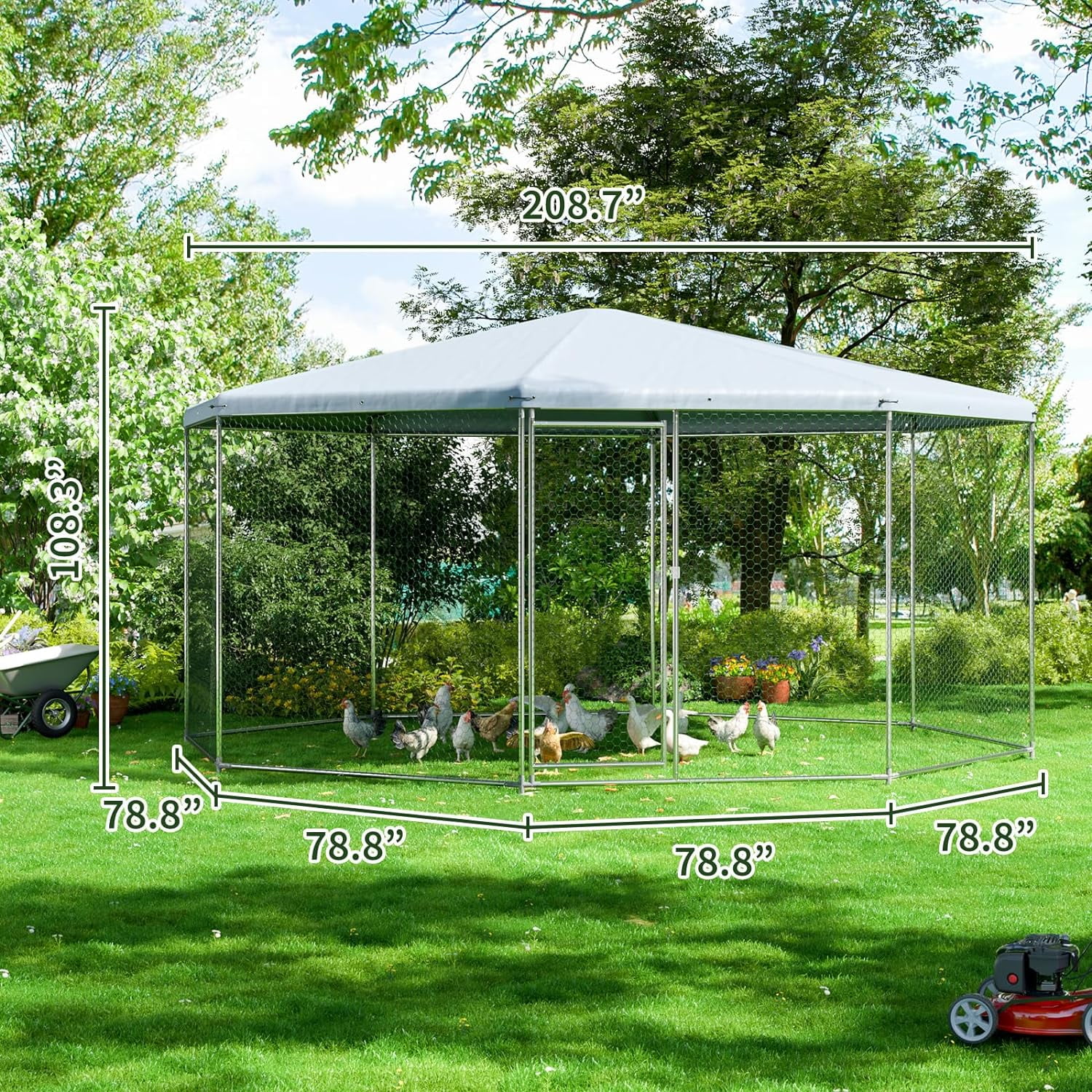 DAKITO Chicken Coop,Large Metal Chicken Run Pen Suitable for All Seasons,Walk in Chicken Coops for 6/10 Chickens,Hexagonal Chicken House with Waterproof & Anti-UV Cover for Backyard