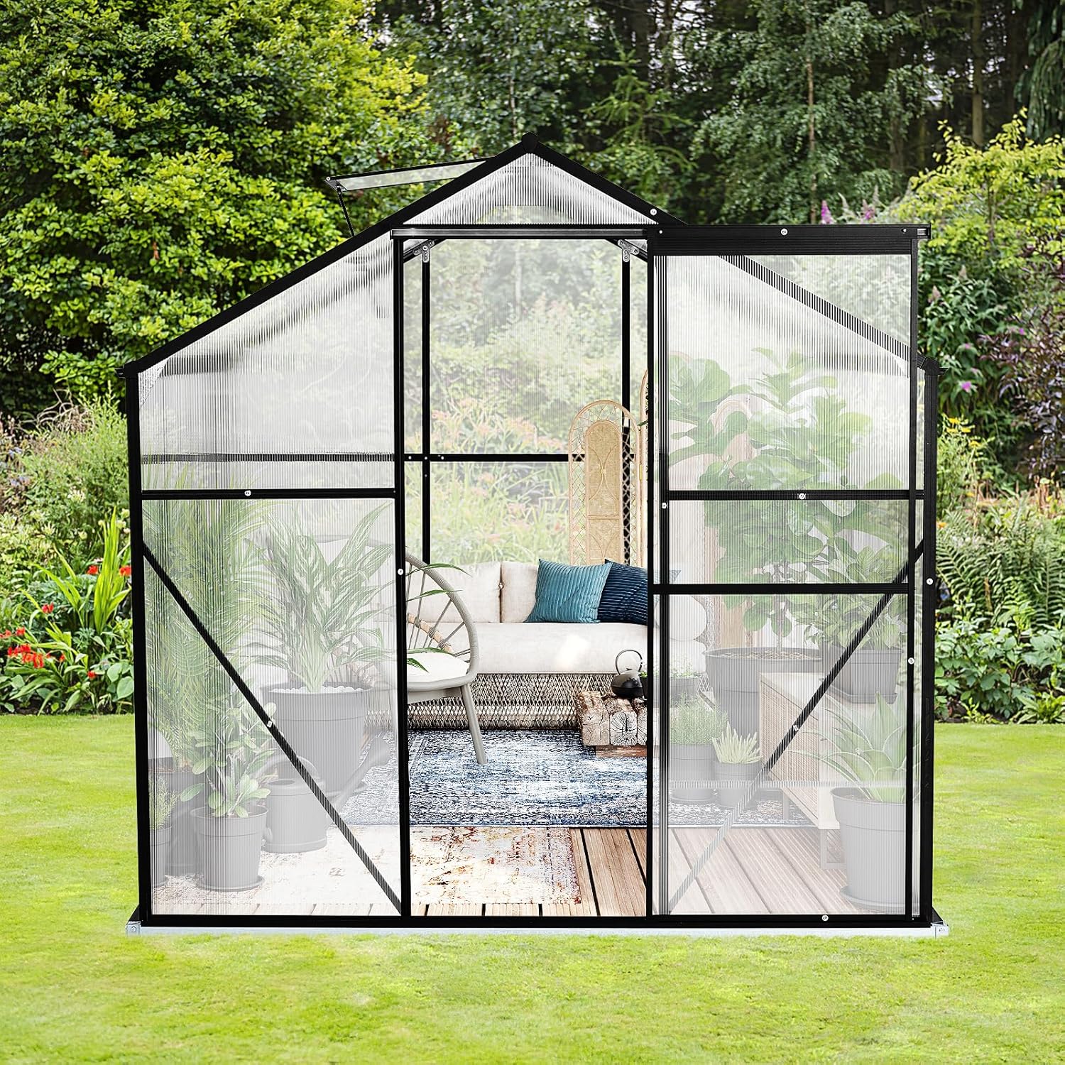 Zstar 10x6 FT Polycarbonate Greenhouses with Sliding Door and Adjustable Vent Window, Heavy Duty Outdoor Aluminum Walk-in Green House for Outdoor Garden Backyard, Greenhouses for Outdoors, Black
