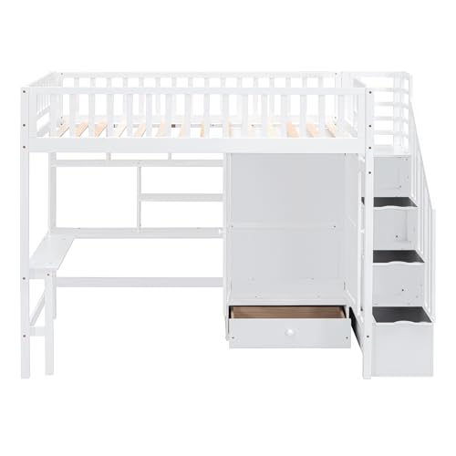 Full Size Loft Bed with Wardrobe Desk Storage Stairs, Wood Loft Bed Frame with Bookcase and Drawers, High Loft Bedframe for Kids Teens Adults, No Box Spring Needed, Espresso